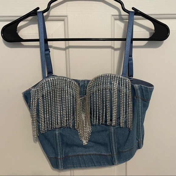 Denim corset top, sequin fringe, S, NWOT - Picture 6 of 6